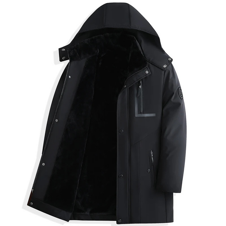 Męska parka zimowa, widok z przodu, odpinany kaptur, elegancki design, czarna, odporna na zimno i niepogodę.