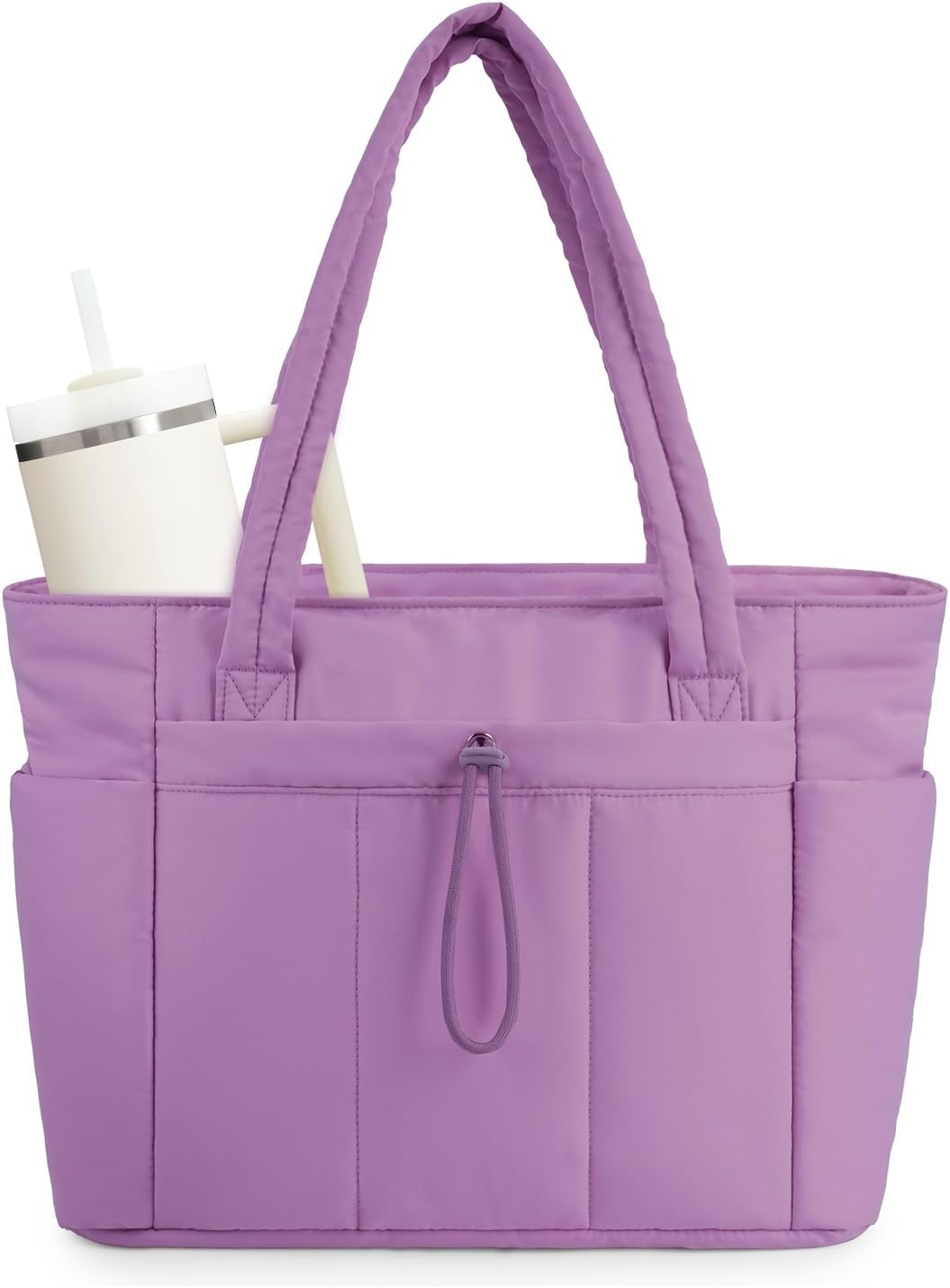 Modna torba tote pikowana damska, na ramię, z uchwytem na kubek i miejscem na laptopa.