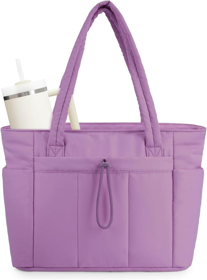 Modna torba tote pikowana damska, na ramię, z uchwytem na kubek i miejscem na laptopa.