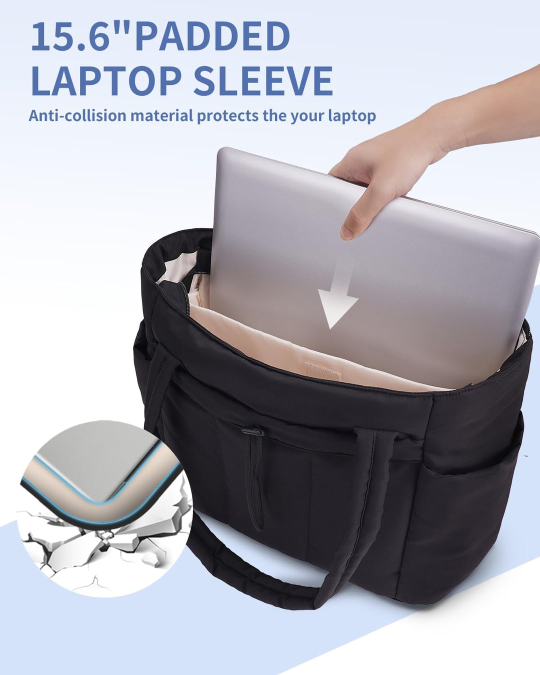Czarna torba tote pikowana damska, z zamkiem błyskawicznym, na laptopa i kubek. Bezpieczna.
