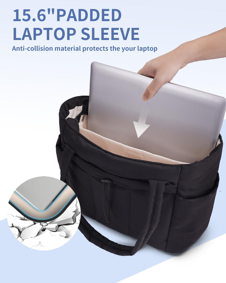 Czarna torba tote pikowana damska, z zamkiem błyskawicznym, na laptopa i kubek. Bezpieczna.