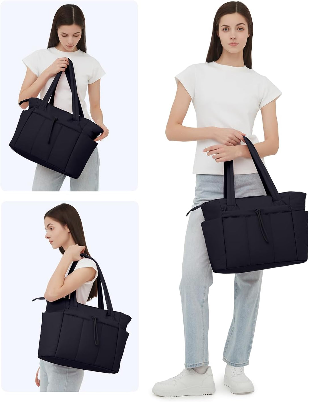 Torba tote damska, pikowana, z elastycznym uchwytem na kubek, na laptopa. Dobra na każdą pogodę.