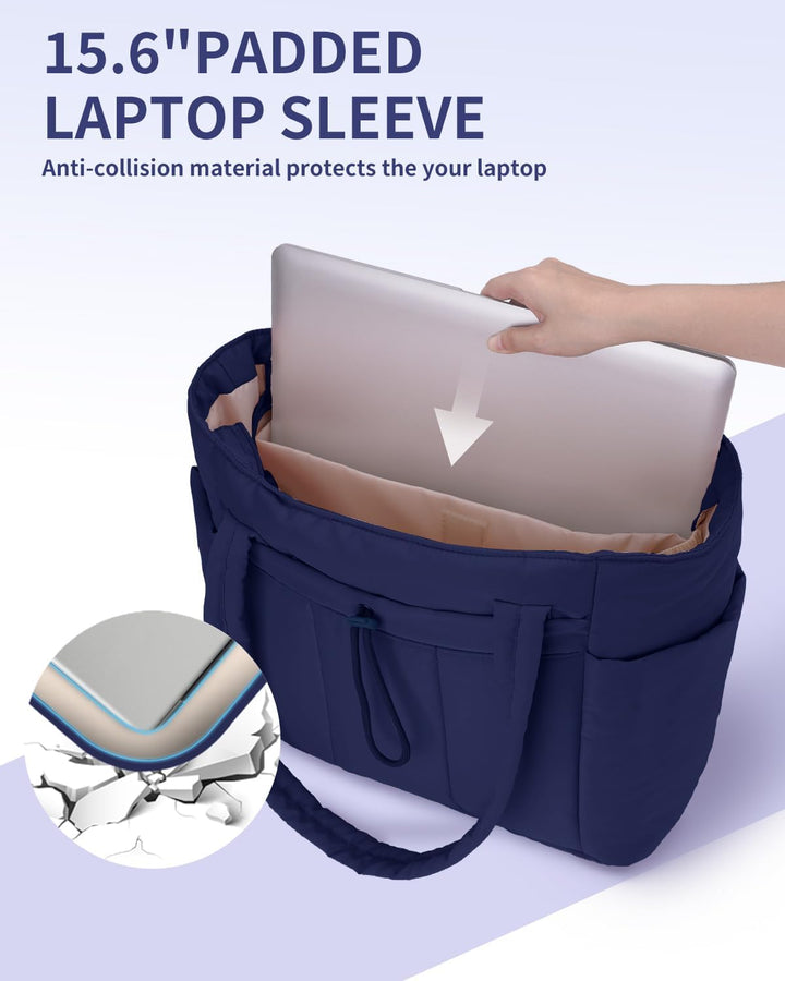 Damska torba pikowana, z uchwytem na kubek i miejscem na laptopa. Widok z przodu, pełna.
