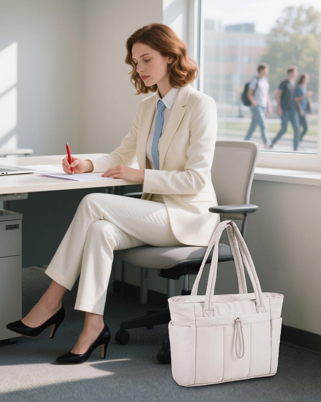 Damska torba tote pikowana z uchwytem na kubek i laptopa, na ramię. Modelka prezentuje torbę.