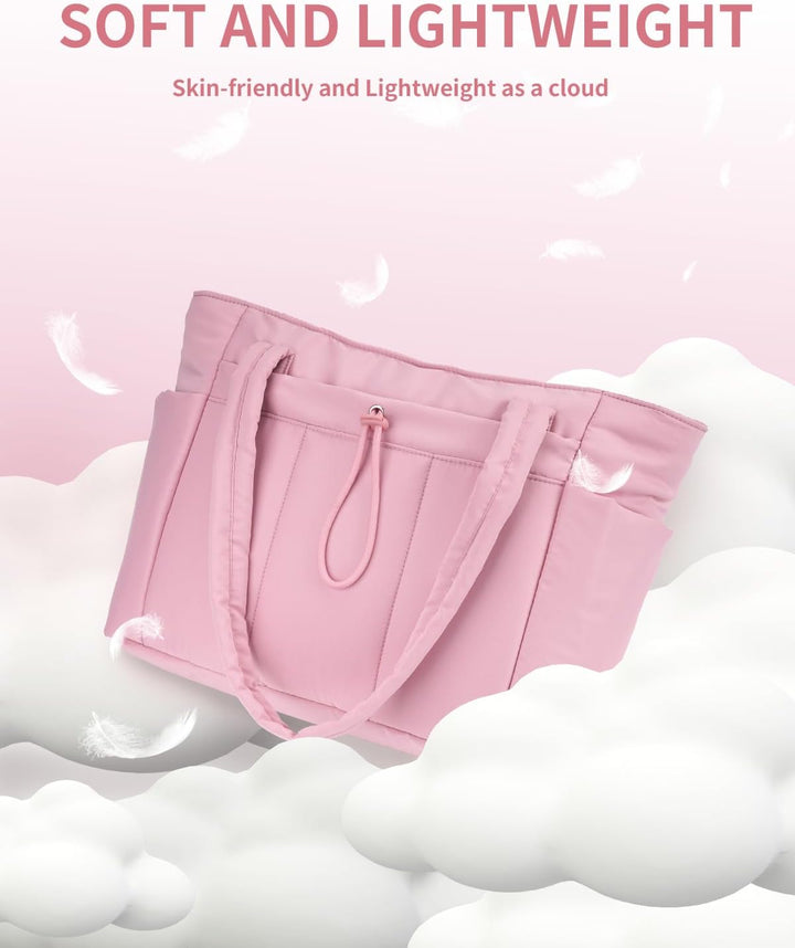 Elegancka torba tote pikowana, czarna, z uchwytem na kubek i przegrodą na laptopa. Świetna do biura.