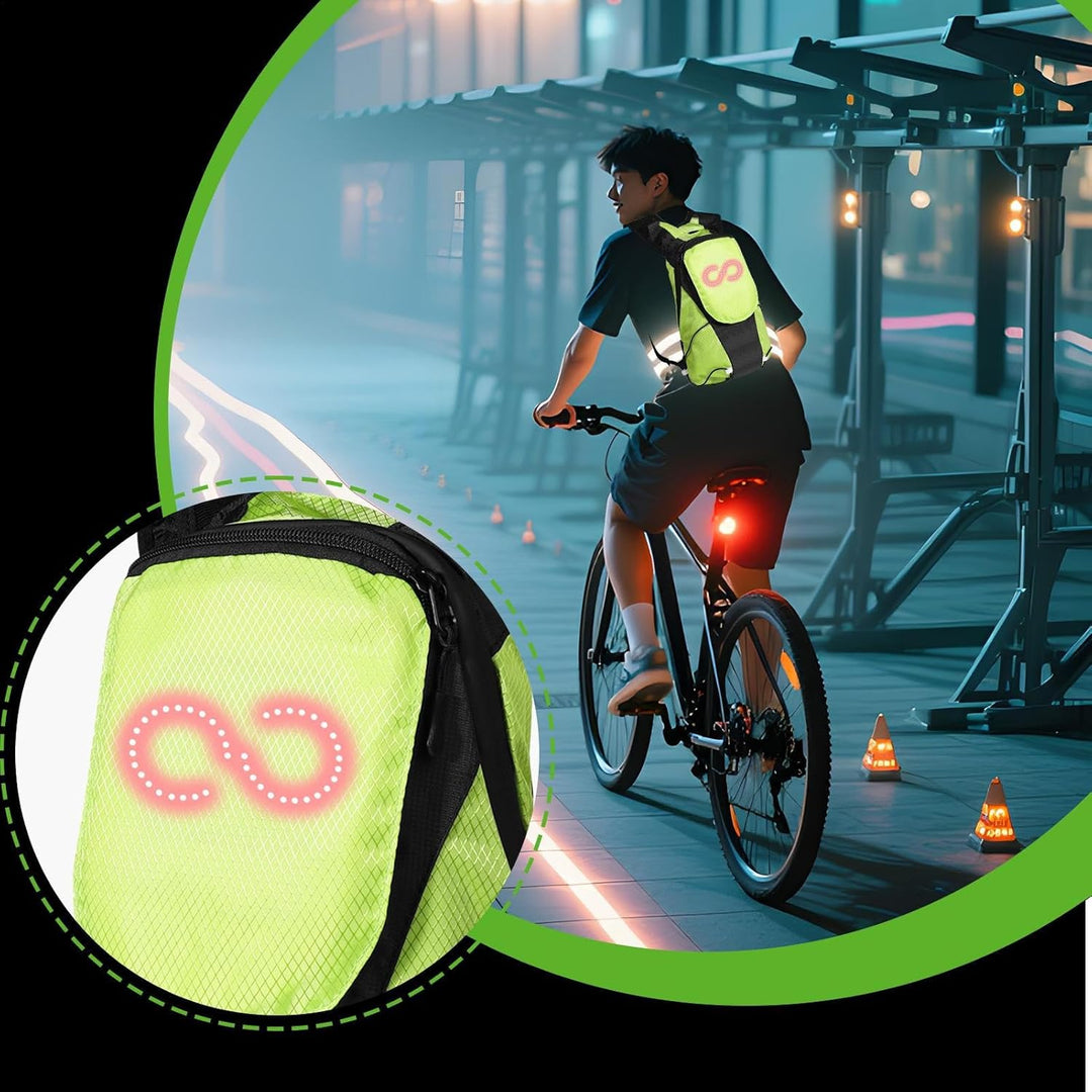 Funkcjonalny plecak LED motocyklowy, wodoodporny, z panelem świetlnym i pojemną komorą główną.