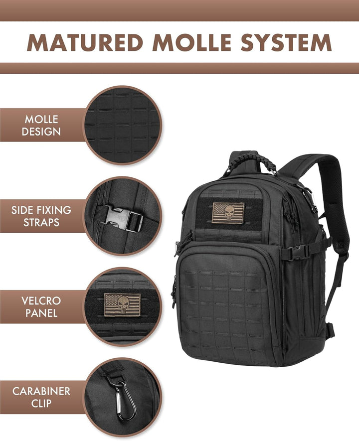 Wytrzymały plecak outdoor 35L z systemem Molle, uniwersalny plecak podróżny.
