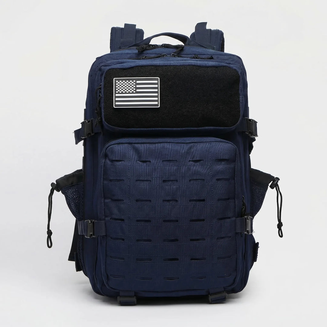 System MOLLE na czarnym plecaku taktycznym 25L/50L, do rozbudowy i personalizacji.
