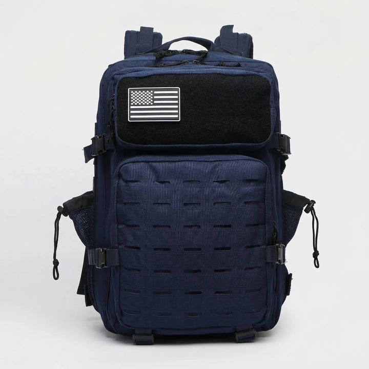 System MOLLE na czarnym plecaku taktycznym 25L/50L, do rozbudowy i personalizacji.