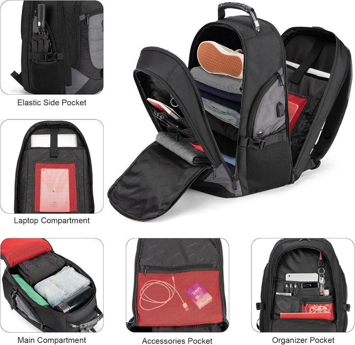 Ergonomiczny plecak podróżny 17.3" z organizerem. Wodoodporny, bezpieczny, z portem USB. Wysoki komfort.