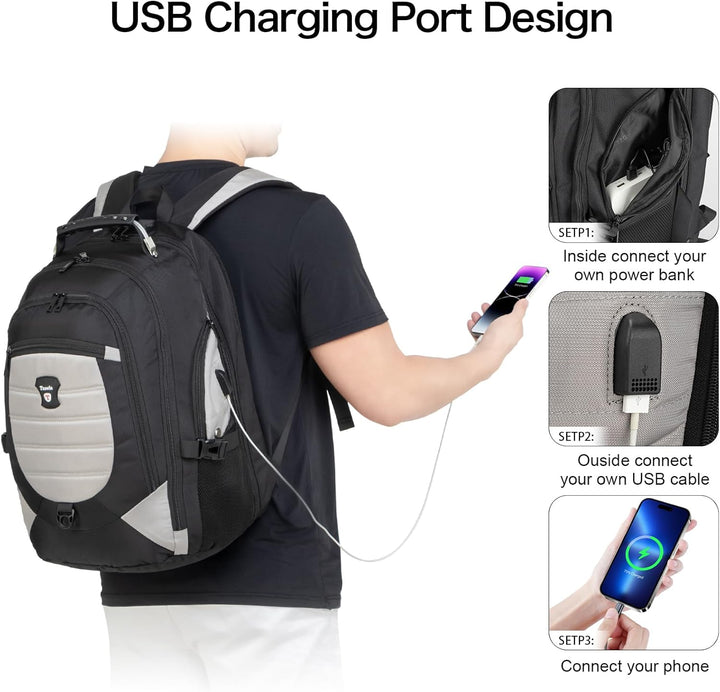 Czarny plecak podróżny na laptopa 17.3", wodoodporny. Widok boczny, port USB. Uniwersalny i komfortowy.