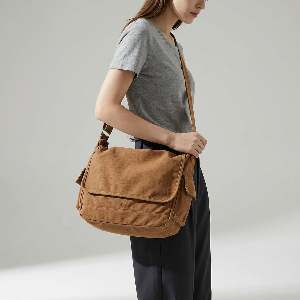 Trwała torba messenger vintage z grubego płótna, unisex, doskonała na miejskie wyprawy i podróże.