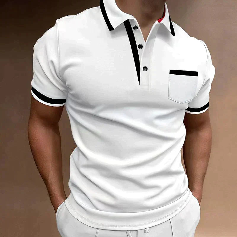 Męskie polo slim fit z czarnymi, kontrastowymi detalami, krótkimi rękawami i kołnierzykiem na guziki, eleganckie i stylowe dla dopracowanego wyglądu.