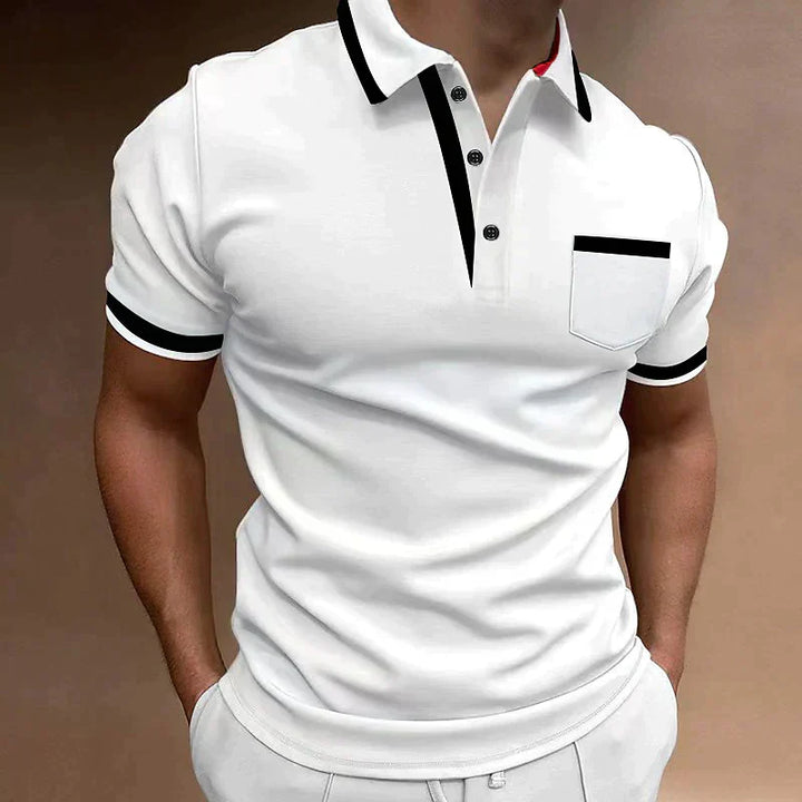 Męskie polo slim fit z czarnymi, kontrastowymi detalami, krótkimi rękawami i kołnierzykiem na guziki, eleganckie i stylowe dla dopracowanego wyglądu.