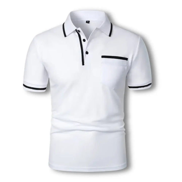 Męskie polo slim fit z czarnymi, kontrastowymi detalami, krótkimi rękawami i kołnierzykiem na guziki, eleganckie i stylowe dla dopracowanego wyglądu.