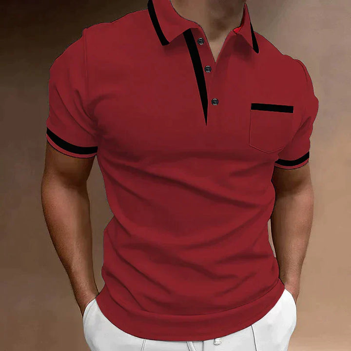 Męskie polo slim fit z czarnymi, kontrastowymi detalami, krótkimi rękawami i kołnierzykiem na guziki, eleganckie i stylowe dla dopracowanego wyglądu.