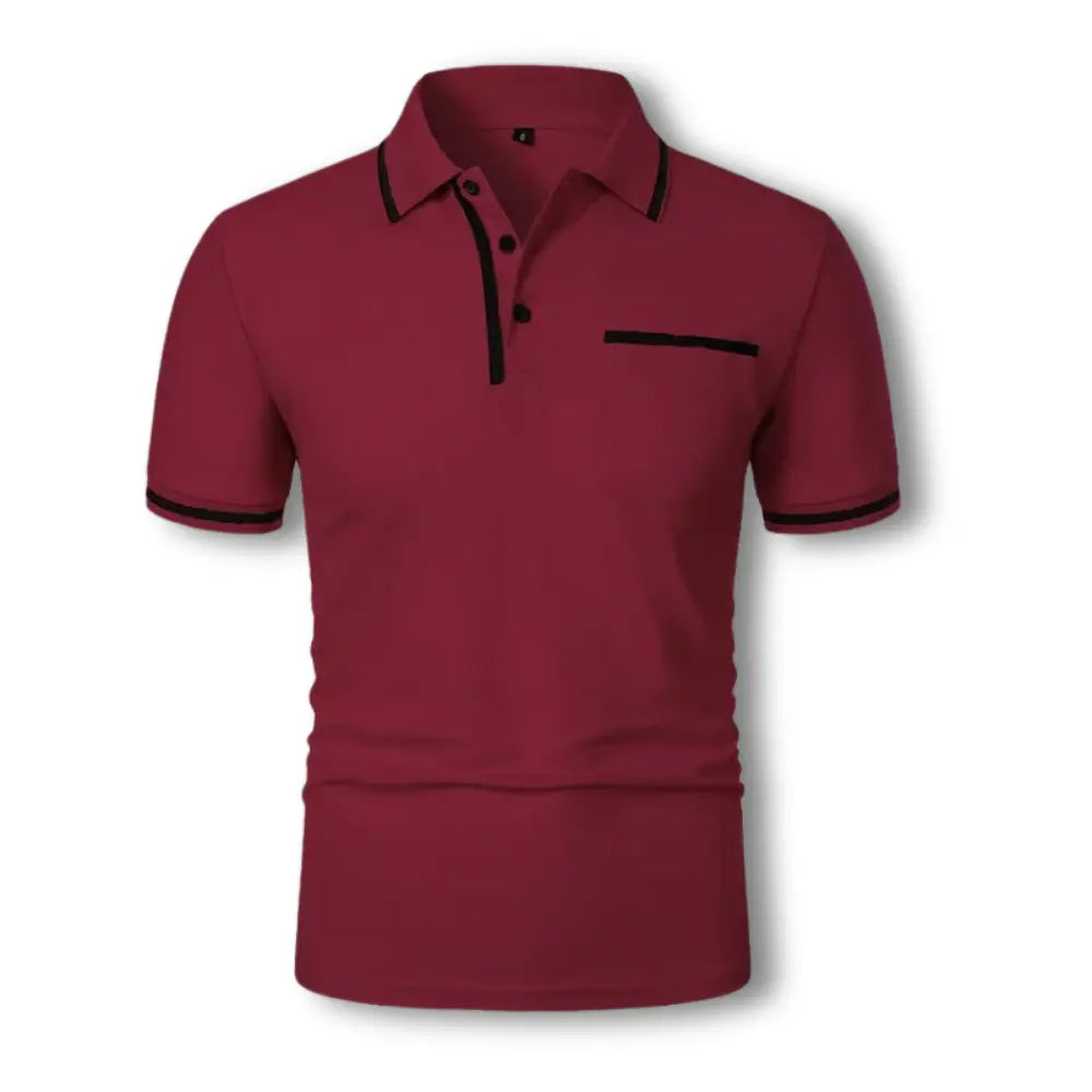 Męskie polo slim fit z czarnymi, kontrastowymi detalami, krótkimi rękawami i kołnierzykiem na guziki, eleganckie i stylowe dla dopracowanego wyglądu.