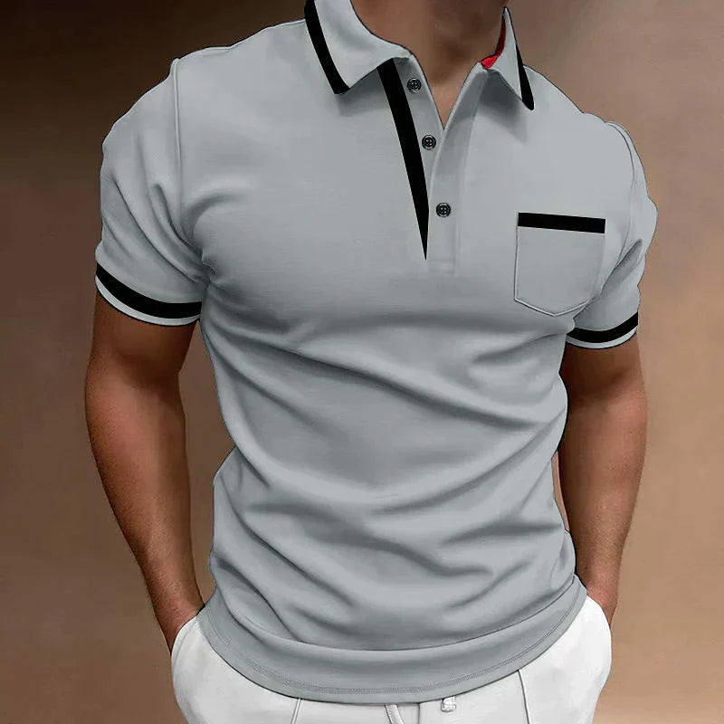 Męskie polo slim fit z czarnymi, kontrastowymi detalami, krótkimi rękawami i kołnierzykiem na guziki, eleganckie i stylowe dla dopracowanego wyglądu.
