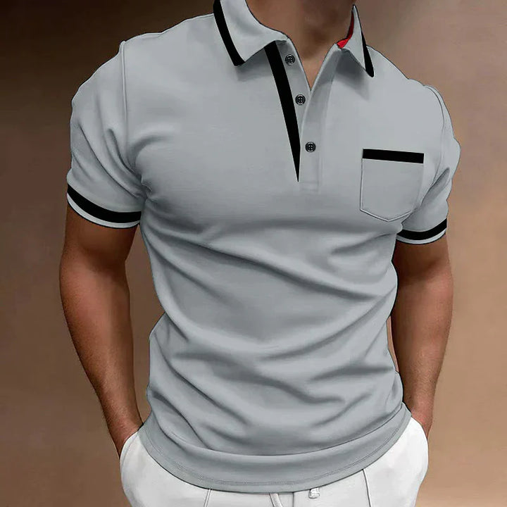 Męskie polo slim fit z czarnymi, kontrastowymi detalami, krótkimi rękawami i kołnierzykiem na guziki, eleganckie i stylowe dla dopracowanego wyglądu.