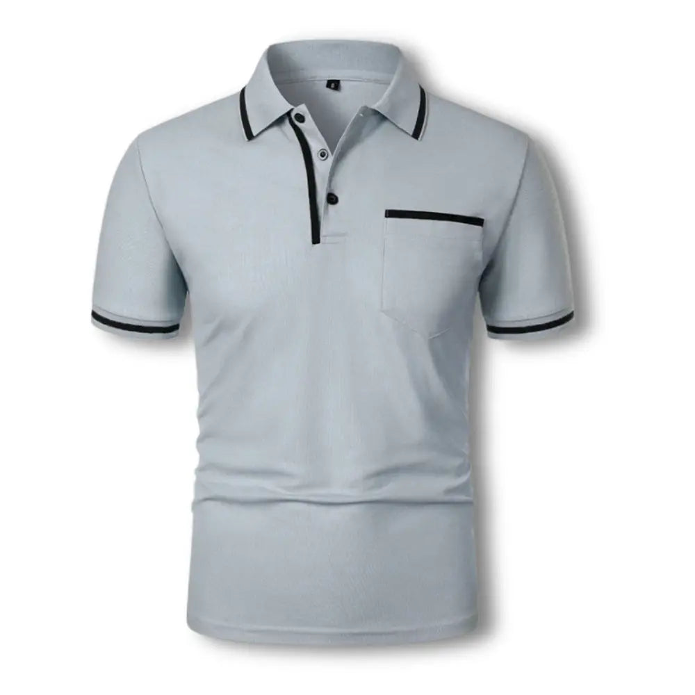 Męskie polo slim fit z czarnymi, kontrastowymi detalami, krótkimi rękawami i kołnierzykiem na guziki, eleganckie i stylowe dla dopracowanego wyglądu.