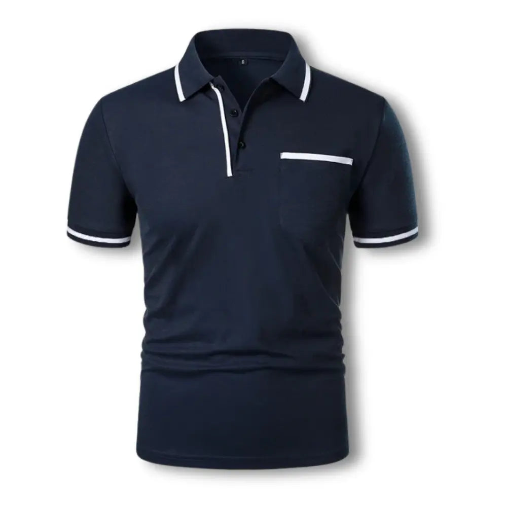 Męskie polo slim fit z czarnymi, kontrastowymi detalami, krótkimi rękawami i kołnierzykiem na guziki, eleganckie i stylowe dla dopracowanego wyglądu.