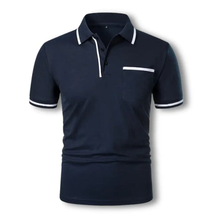 Męskie polo slim fit z czarnymi, kontrastowymi detalami, krótkimi rękawami i kołnierzykiem na guziki, eleganckie i stylowe dla dopracowanego wyglądu.