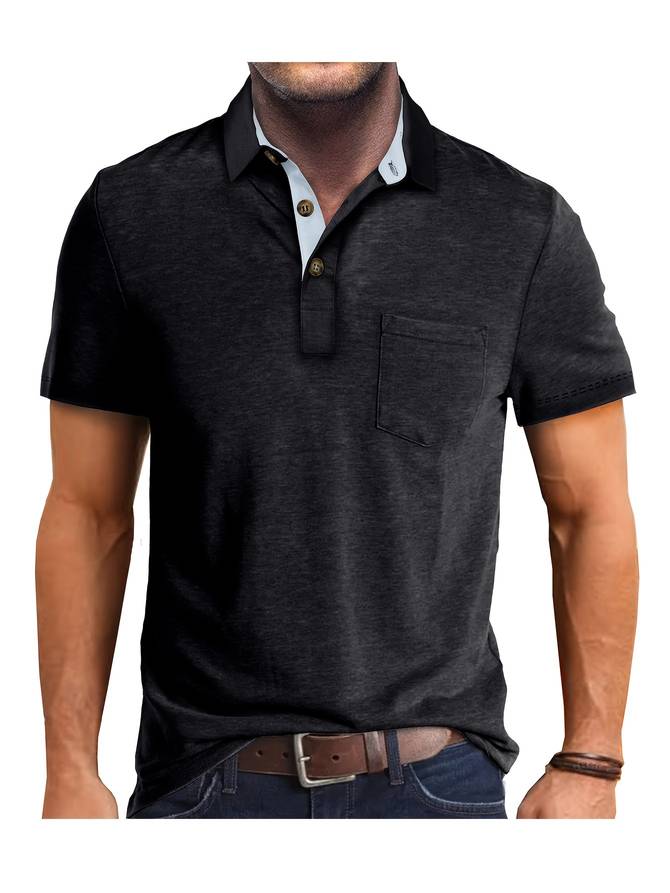Beżowe polo męskie casual z kieszonką na piersi, eleganckie i wygodne, dla nowoczesnego i wyrafinowanego wyglądu.