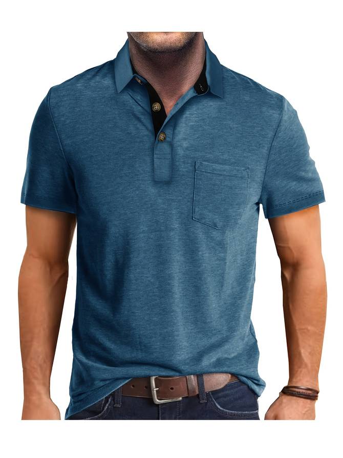 Beżowe polo męskie casual z kieszonką na piersi, eleganckie i wygodne, dla nowoczesnego i wyrafinowanego wyglądu.