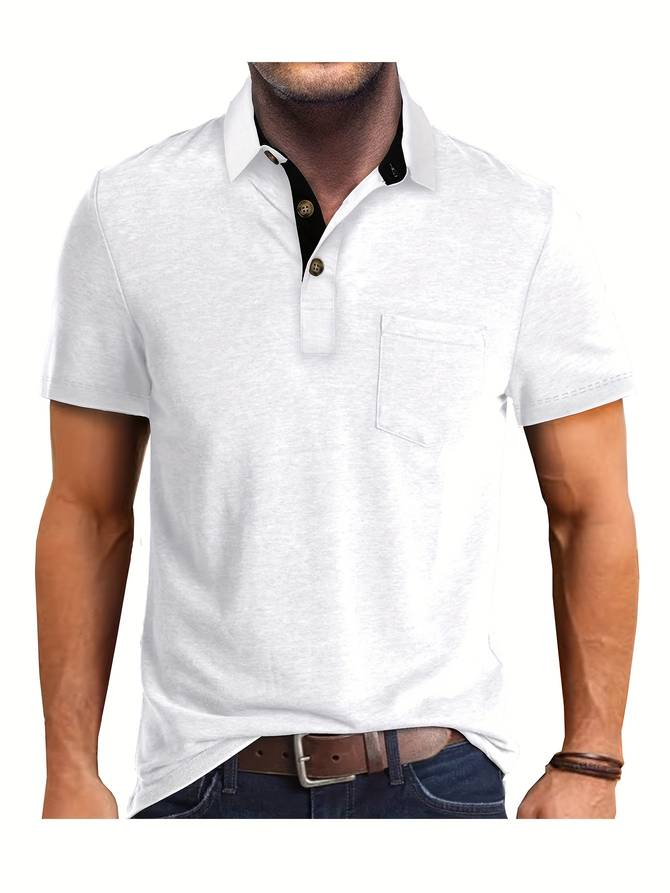 Beżowe polo męskie casual z kieszonką na piersi, eleganckie i wygodne, dla nowoczesnego i wyrafinowanego wyglądu.