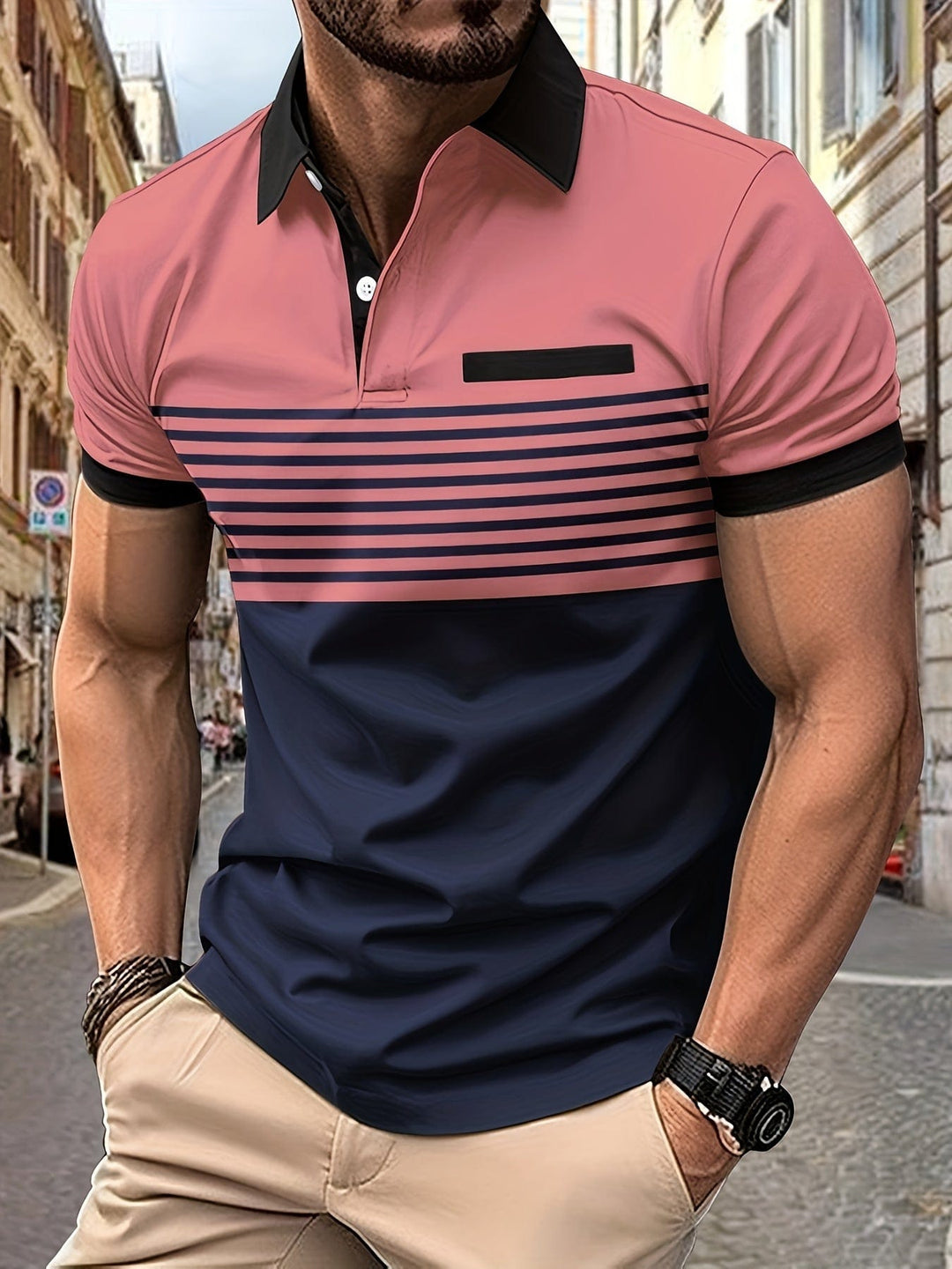 Męska letnia koszulka polo w paski - elegancka i swobodna na lato, idealna do aktywności na świeżym powietrzu.