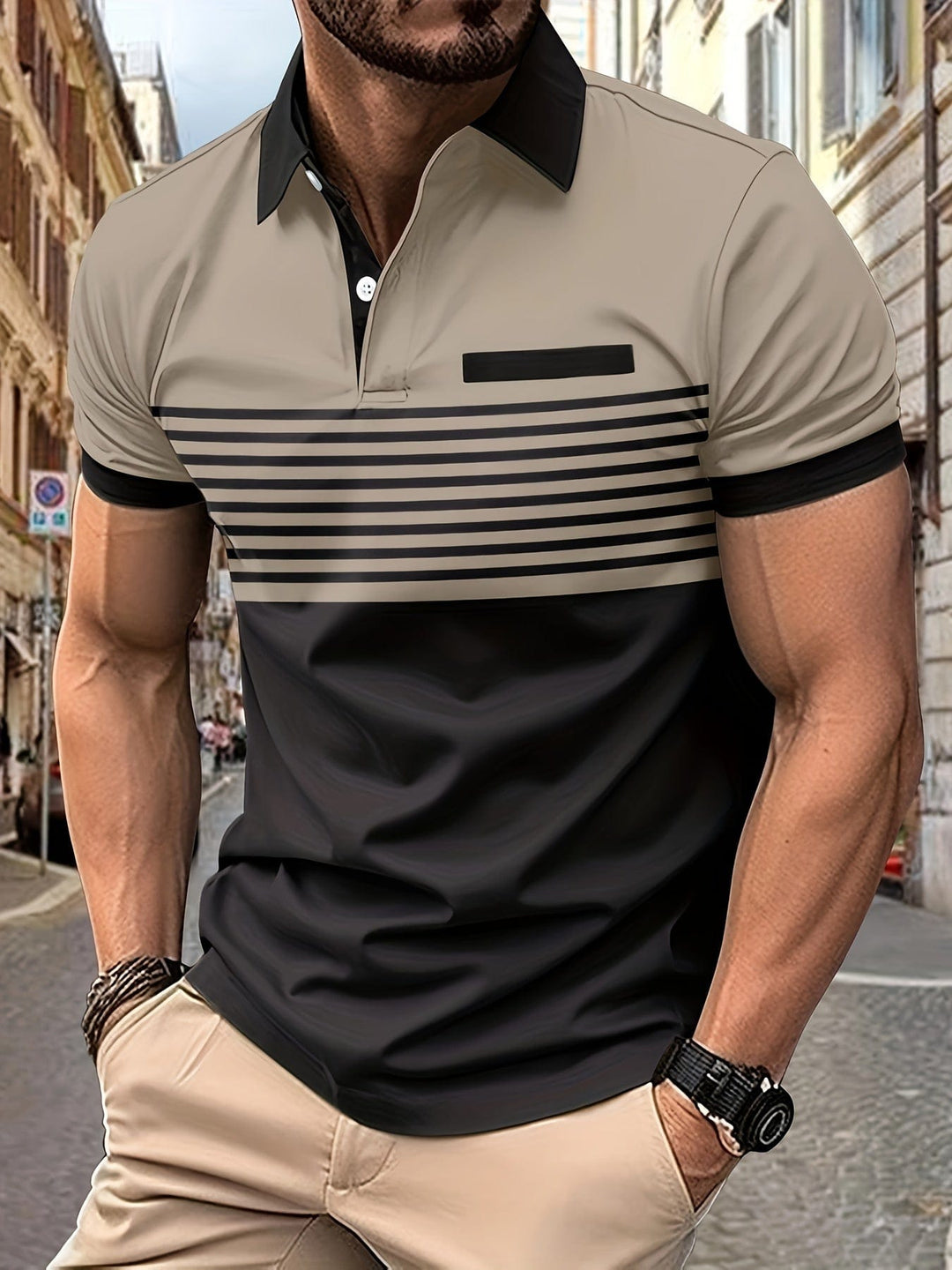 Męska letnia koszulka polo w paski - elegancka i swobodna na lato, idealna do aktywności na świeżym powietrzu.