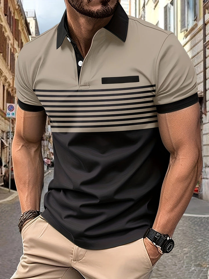 Męska letnia koszulka polo w paski - elegancka i swobodna na lato, idealna do aktywności na świeżym powietrzu.