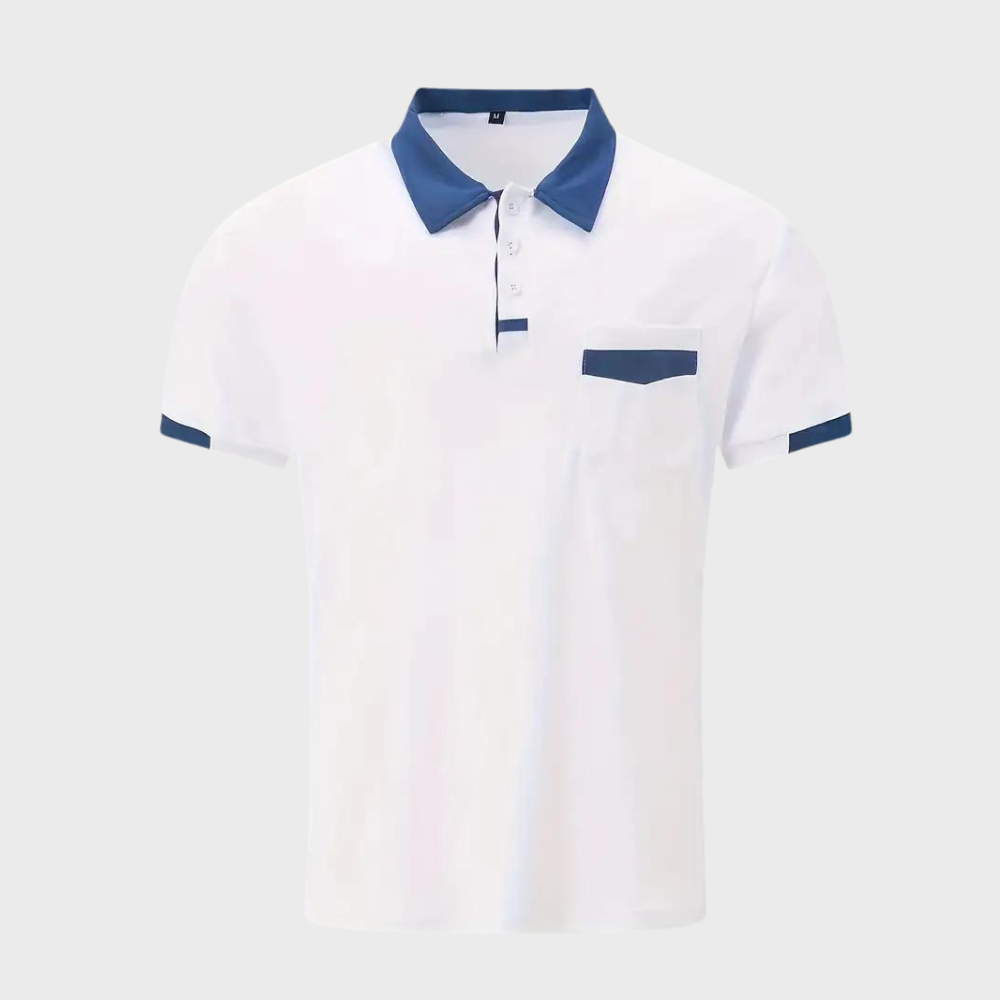 Męskie polo, widok z boku, smukła sylwetka i elegancki wygląd.