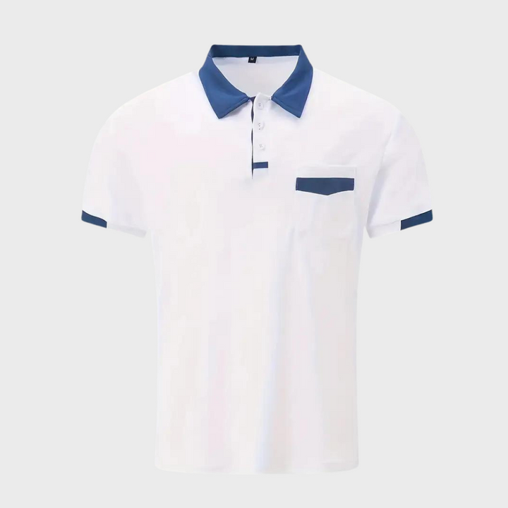 Męskie polo, widok z boku, smukła sylwetka i elegancki wygląd.