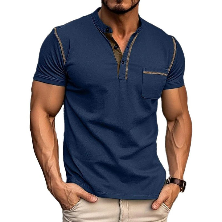 Męska koszulka polo z ultra granatu, dekoltem Henley, nowoczesny design, rozmiar od S do 2XL, elegancki styl na co dzień.