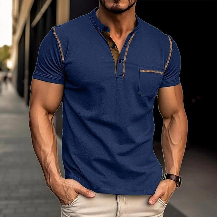Męska koszulka polo z ultra granatu, dekoltem Henley, nowoczesny design, rozmiar od S do 2XL, elegancki styl na co dzień.
