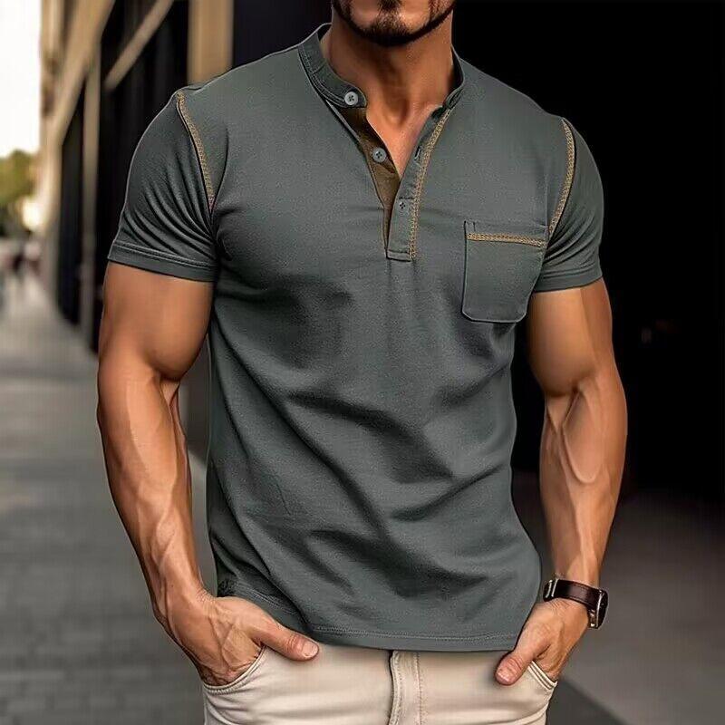Męska koszulka polo z ultra granatu, dekoltem Henley, nowoczesny design, rozmiar od S do 2XL, elegancki styl na co dzień.