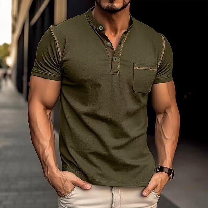 Męska koszulka polo z ultra granatu, dekoltem Henley, nowoczesny design, rozmiar od S do 2XL, elegancki styl na co dzień.
