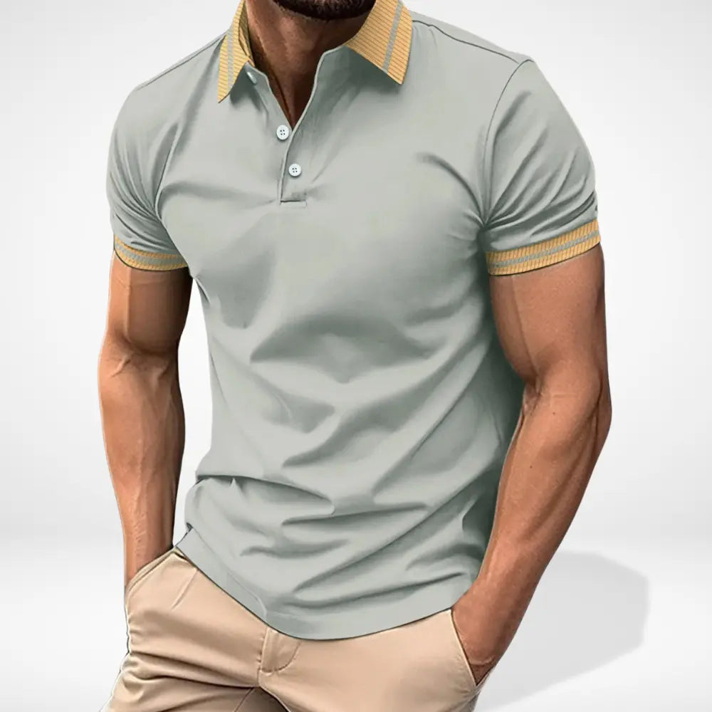 Męskie polo z krótkim rękawem i kontrastowym kołnierzykiem, elegancki design, idealne na casualowy letni styl.