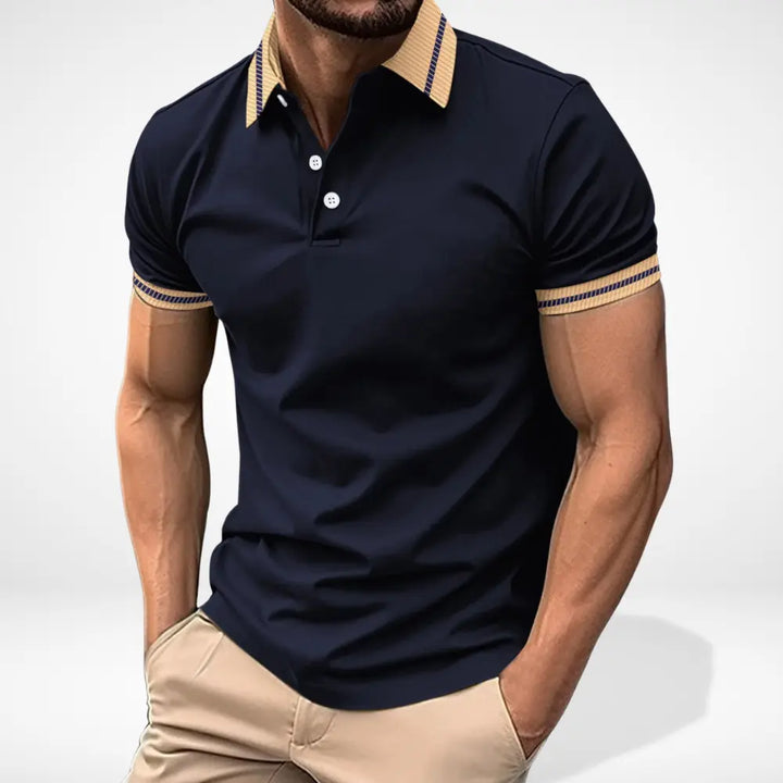 Męskie polo z krótkim rękawem i kontrastowym kołnierzykiem, elegancki design, idealne na casualowy letni styl.
