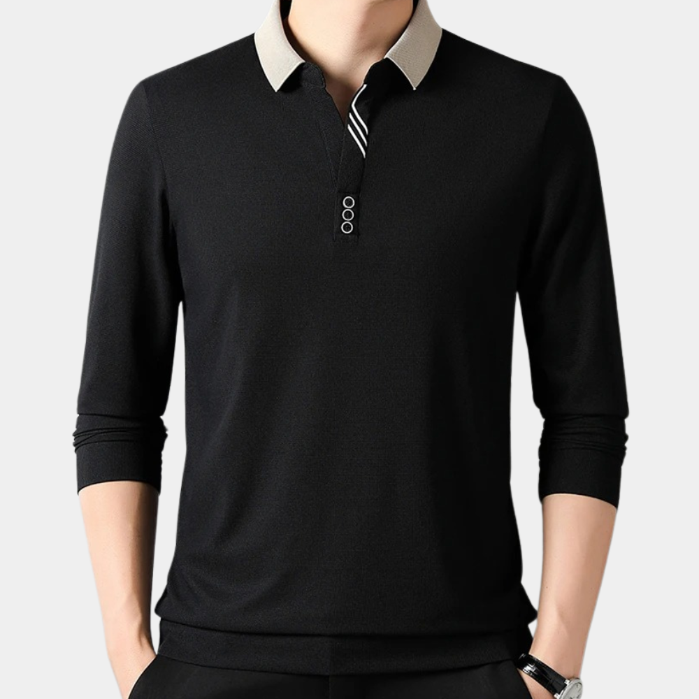 Męska koszulka polo z długim rękawem, czarna, oddychająca, idealna do stylu casual chic.