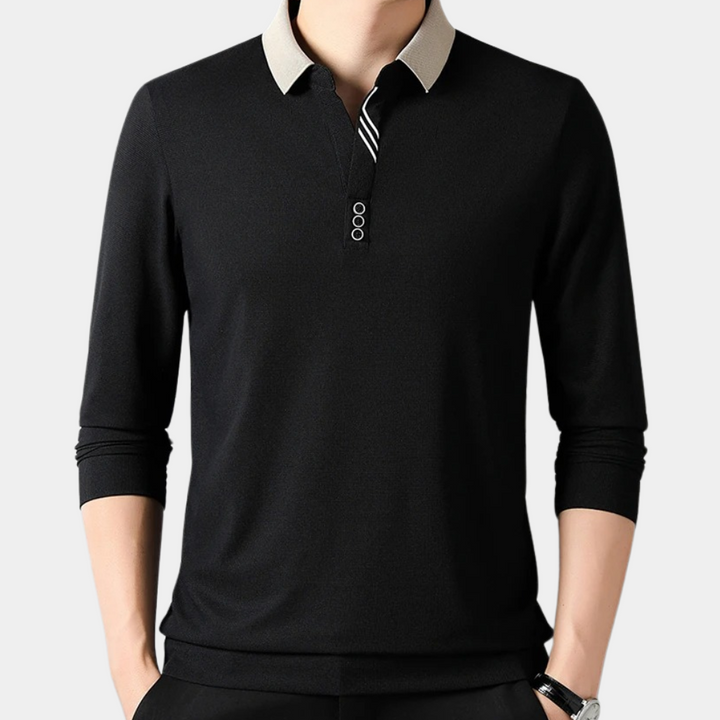 Męska koszulka polo z długim rękawem, czarna, oddychająca, idealna do stylu casual chic.
