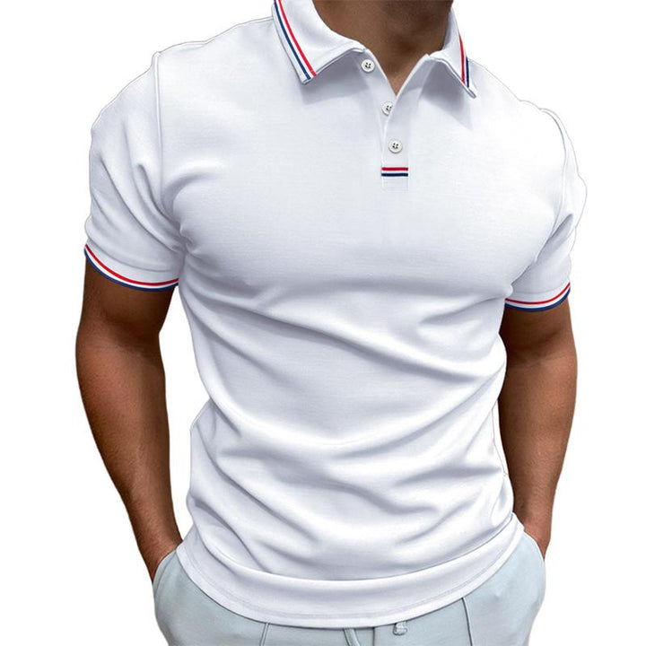 Męska koszulka polo z krótkim rękawem, gładka, z kołnierzem w paski, elegancka i wygodna, idealna do swobodnych i eleganckich stylizacji.