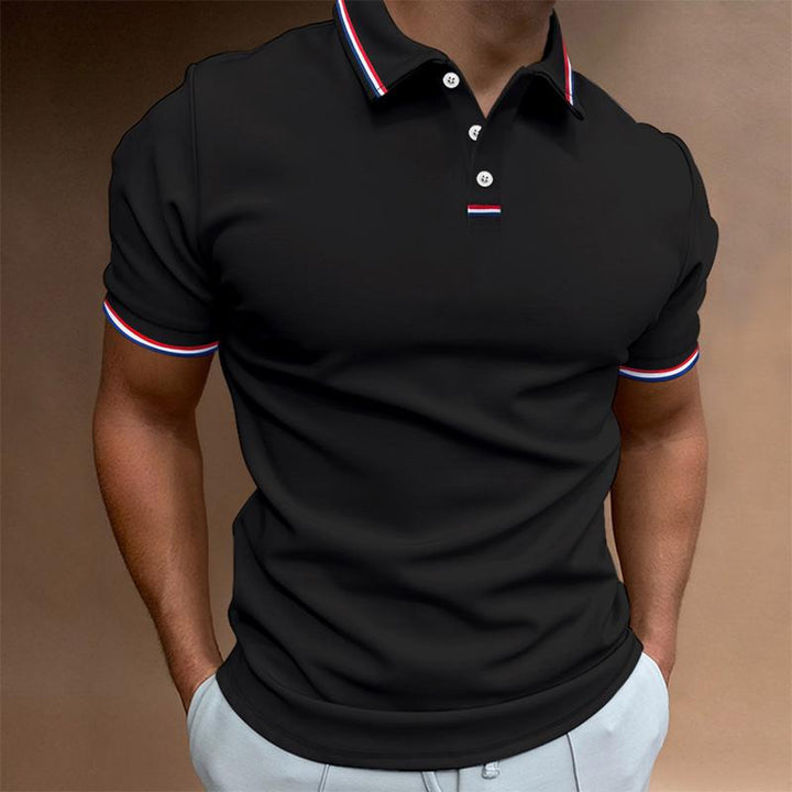 Męska koszulka polo z krótkim rękawem, gładka, z kołnierzem w paski, elegancka i wygodna, idealna do swobodnych i eleganckich stylizacji.
