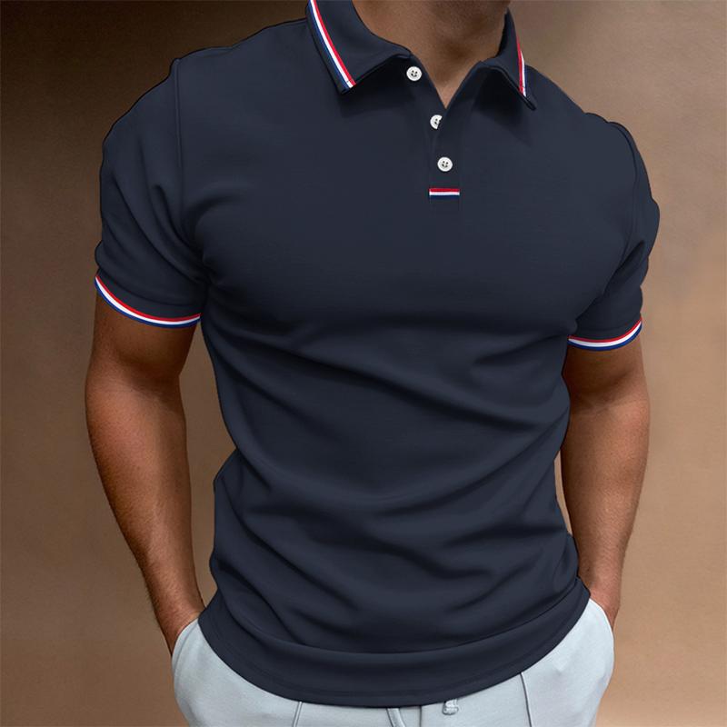 Męska koszulka polo z krótkim rękawem, gładka, z kołnierzem w paski, elegancka i wygodna, idealna do swobodnych i eleganckich stylizacji.