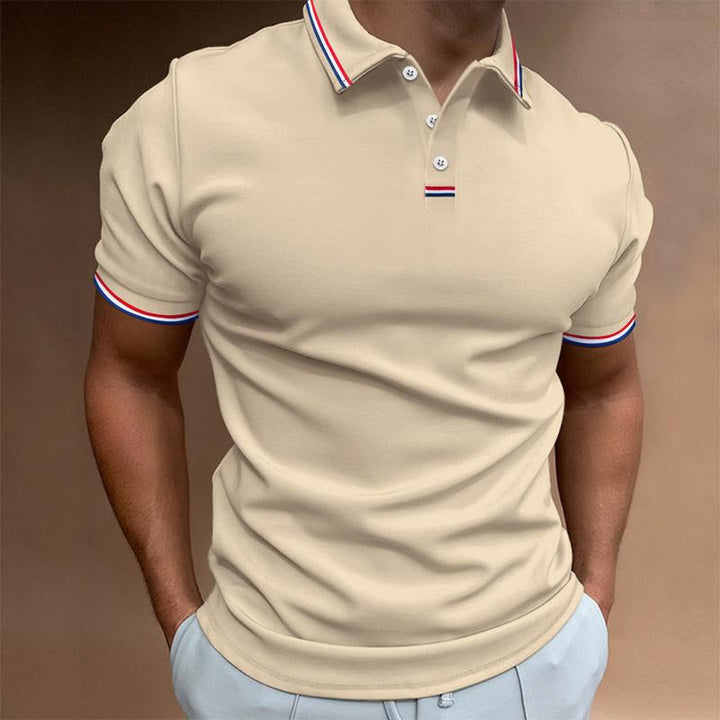 Męska koszulka polo z krótkim rękawem, gładka, z kołnierzem w paski, elegancka i wygodna, idealna do swobodnych i eleganckich stylizacji.