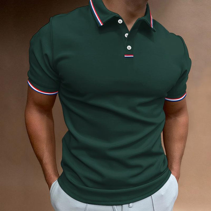 Męska koszulka polo z krótkim rękawem, gładka, z kołnierzem w paski, elegancka i wygodna, idealna do swobodnych i eleganckich stylizacji.