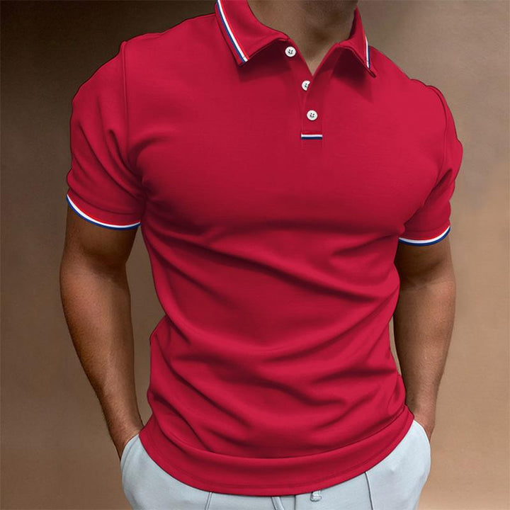 Męska koszulka polo z krótkim rękawem, gładka, z kołnierzem w paski, elegancka i wygodna, idealna do swobodnych i eleganckich stylizacji.