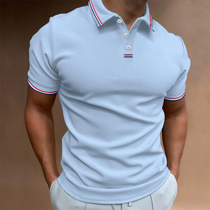 Męska koszulka polo z krótkim rękawem, gładka, z kołnierzem w paski, elegancka i wygodna, idealna do swobodnych i eleganckich stylizacji.