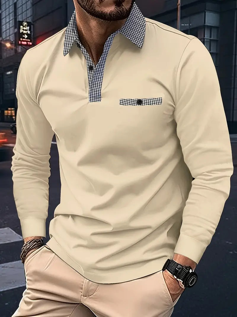 Męska koszulka polo z długim rękawem w kolorze granatowym, klasyczny styl, elegancki kołnierzyk polo, idealny na sezon przejściowy i zapewniający optymalny komfort.